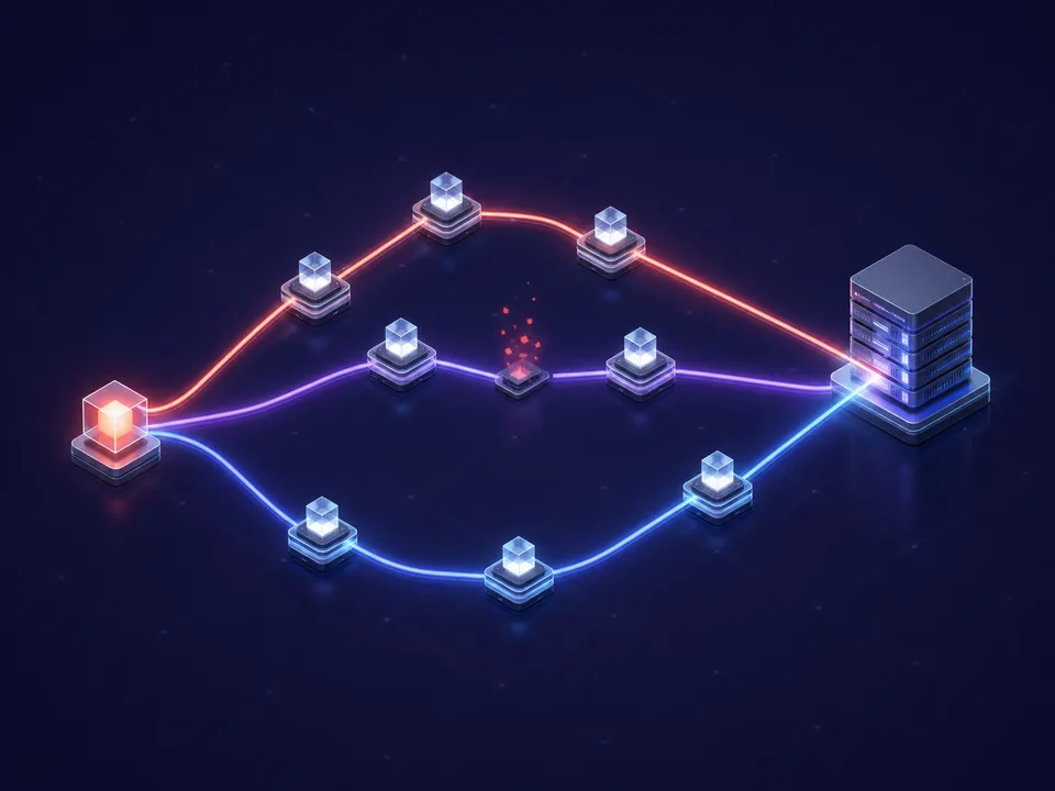 Three illuminated routes carrying data toward one game server