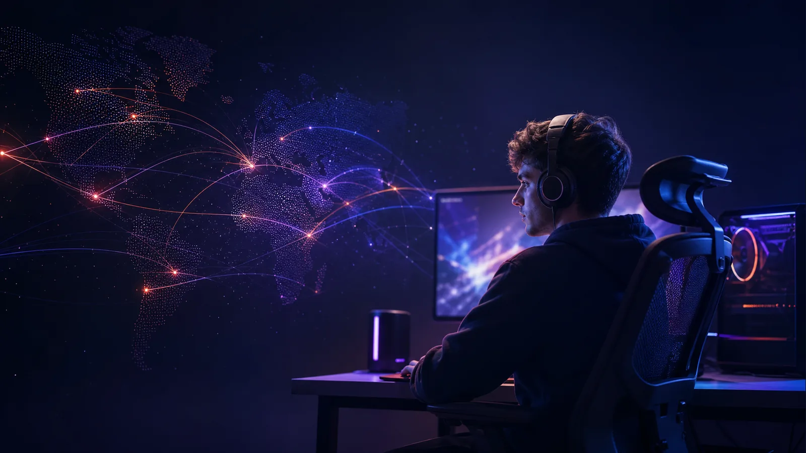 Gamer beside a world map of optimized network routes
